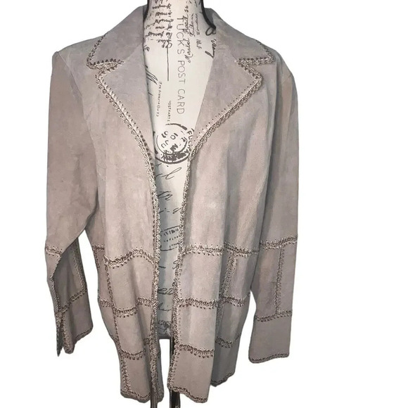 Outbrook Woman,1X tan embroidered leather tassel tie front long sleeve jacket
￼ - Picture 1 of 16